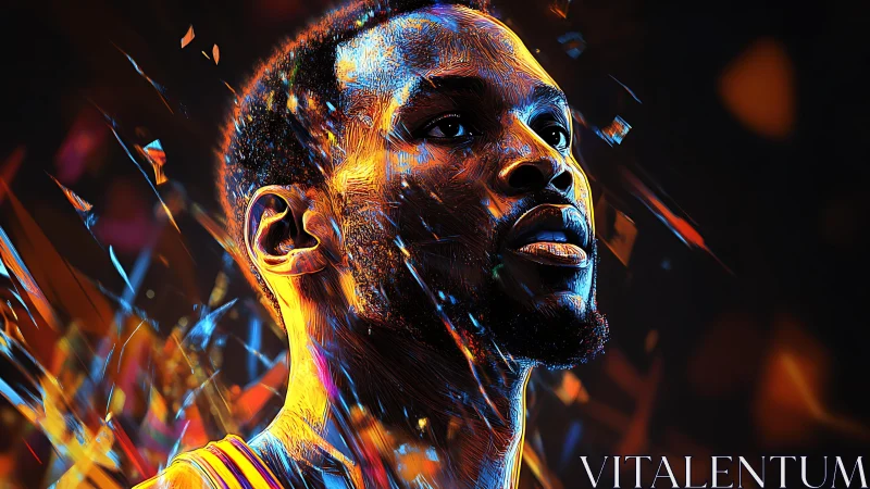 Electric portrait of a focused athlete amid neon energy shards