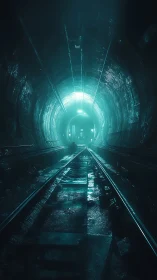 Moody underground rail tunnel with blue backlit exit.