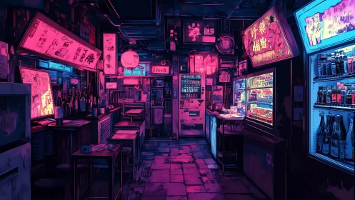 Neon-lit izakaya alley rendered in high-contrast cyberpunk palette
