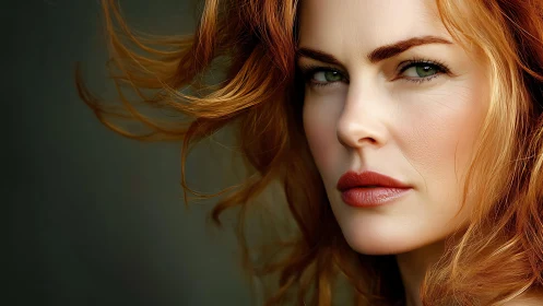 Hyper-real close-up portrait of red-haired woman in motion