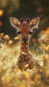 Photorealistic giraffe calf portrait in sunlit wildflower field.