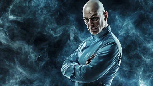 Bald stern man stands in blue coat amid swirling smoke