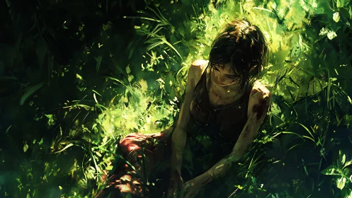 Solitary woman rests in overgrown sunlit forest clearing.