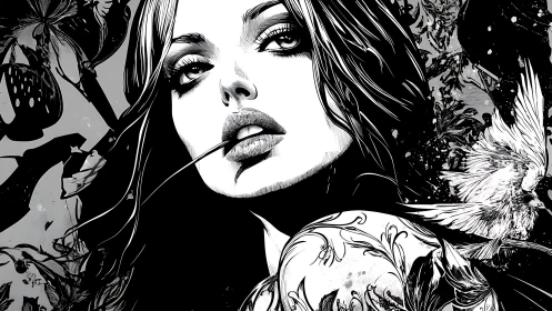 Ink-kissed woman with floral tattoos and quiet, watchful eyes.