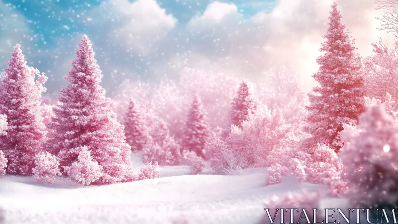 Pink winter forest glows under soft snowfall and pastel sky