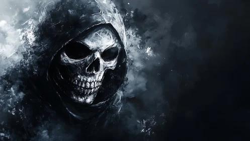 Shrouded skull in stormy shadows, grinning through the dark.