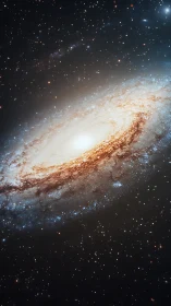 Oblique barred spiral galaxy with dense stellar halo rendered.