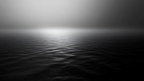 Monochrome seascape renders low-contrast horizon in dense fog