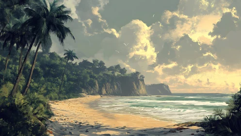 Tropical coastal scene with dramatic clouds and sandy beach