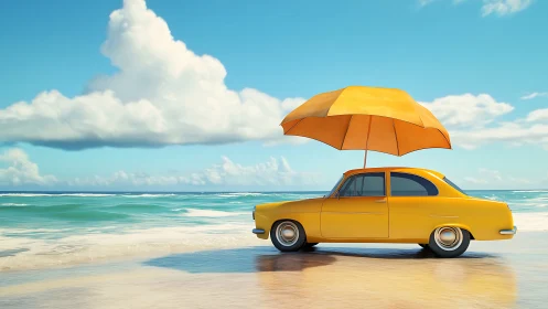 Sunny yellow car relaxes under umbrella beside calm sea.