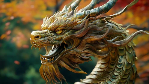 Hyper-detailed golden dragon bust with autumn bokeh backdrop
