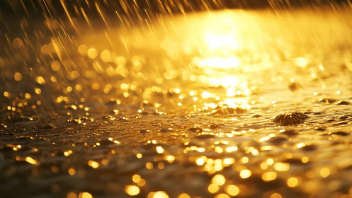 Golden rainshower sparkles over water in glowing sunset light.
