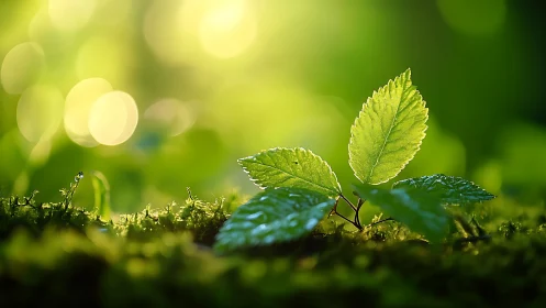 Young green plant in sunlight, close-up macro nature photography.