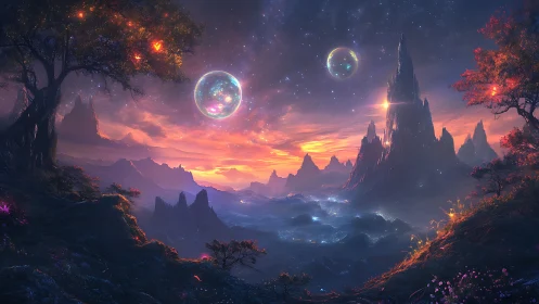 Vibrant alien landscape with twin planets over sharp peaks.