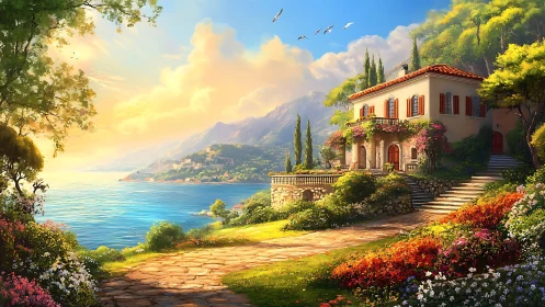 Sunlit Mediterranean villa overlooks serene coastal bay