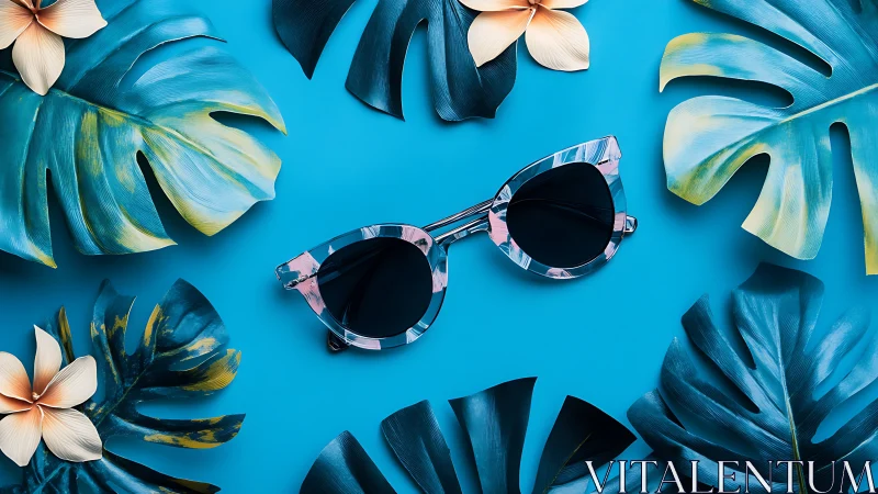 Chromatic tropical flatlay with marbled acetate sunglasses.