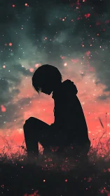Stargazing silhouette boy under ember soaked twilight sky.