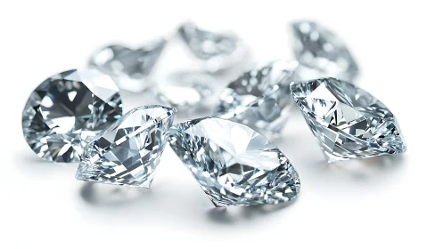 Brilliant cut diamonds scatter light in crisp white space.