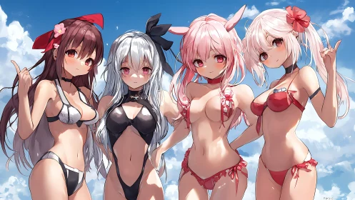 Anime girls in colorful bikinis under bright sky scene.