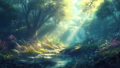 Enchanted Forest Stream with Radiant Light.