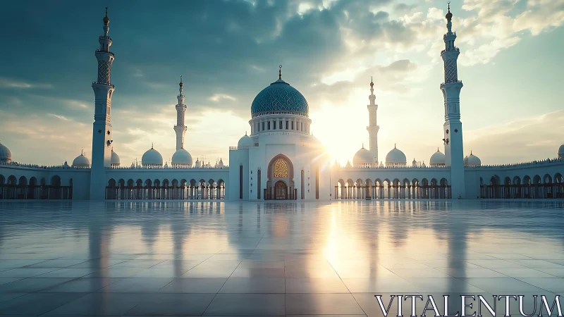 Sunlit mosque courtyard reflects soft morning sky glow.
