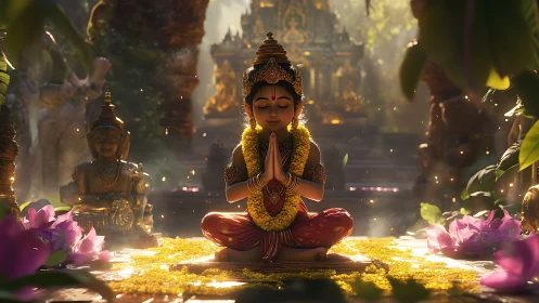 Child deity meditates in golden temple garden light.