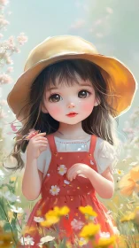 Girl in sunhat stands in glowing spring wildflower meadow.