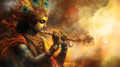 Ornate deity figure playing flute against luminous background.