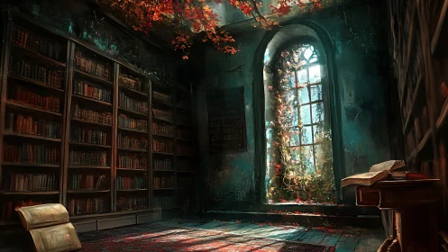 Atmospheric digital painting of overgrown gothic library interior.