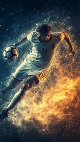 Soccer player soars through fiery cosmic energy burst.
