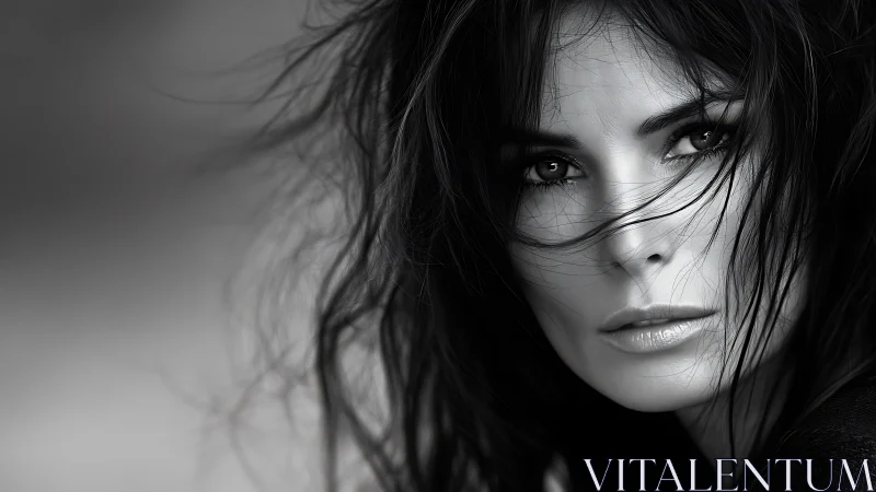Monochrome close-up portrait with wind-swept dark hair.