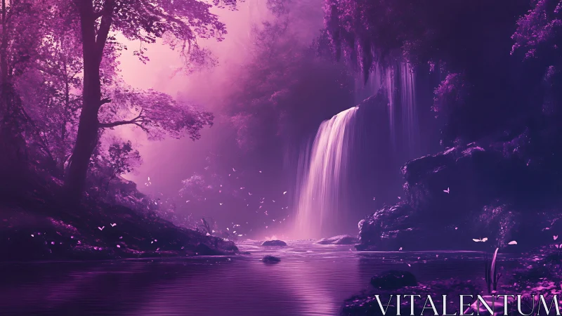 Enchanted violet waterfall glowing in a dreamy forest.
