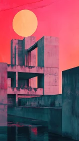Brutalist concrete complex under oversized neon sun disc