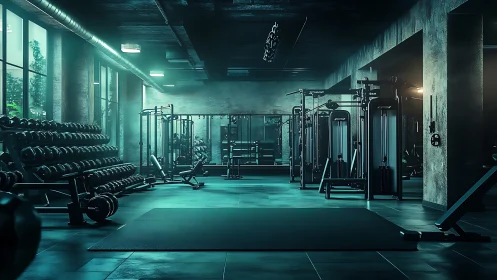 Modern strength training gym interior appears dimly lit