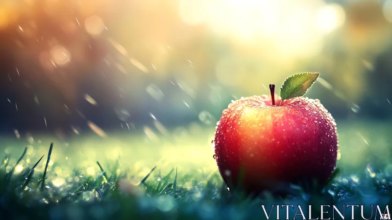 Red apple with water droplets on grass in soft backlight.
