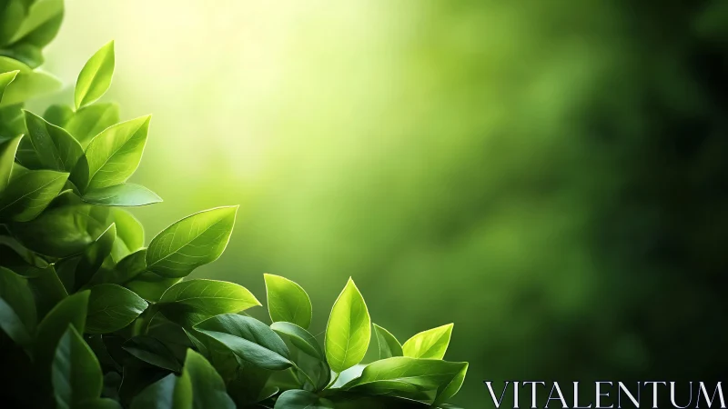 Green leaves occupy left foreground against diffuse light field
