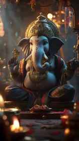 Digital Ganesh idol in warm ceremonial temple light.