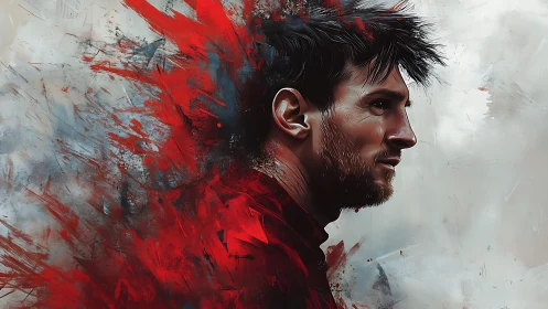 Digital side-profile portrait integrates abstract red motion