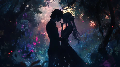 Silhouetted couple stands close in colorful glowing forest
