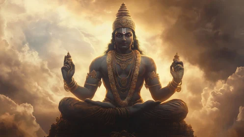 Golden sky deity in serene celestial meditation.