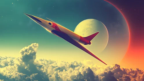Retro-futuristic supersonic rocketplane over cloud horizon