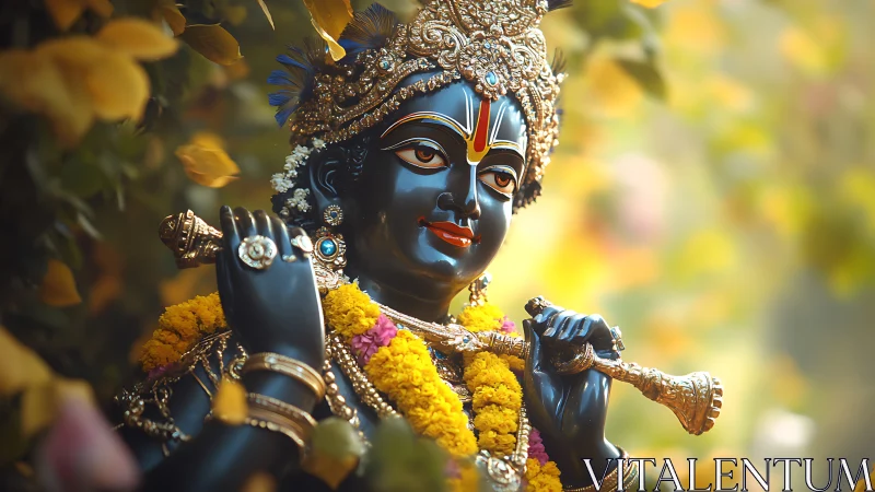 Blue-skinned deity statue holds flute amid floral background
