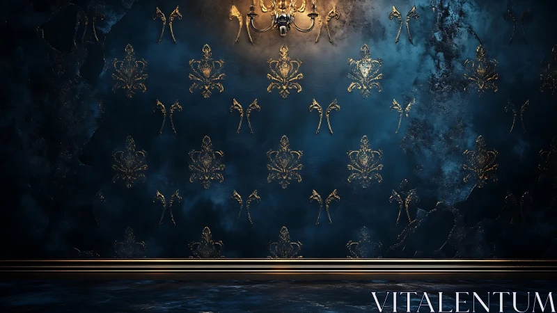 Dark blue wall with gold damask pattern and wall sconce.