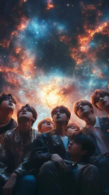 Stargazing friends stand united beneath a blazing cosmic sky