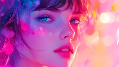 Chromatic portrait with neon bokeh and hyperreal skin rendering.