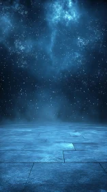 Starry blue horizon stretches over a quiet stone floor