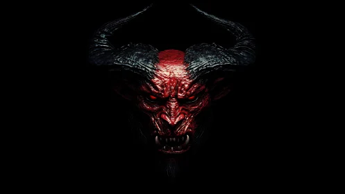 Horned red demon head emerges from deep black background