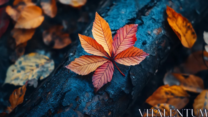 Radial autumn leaf on wet log with high contrast color separation