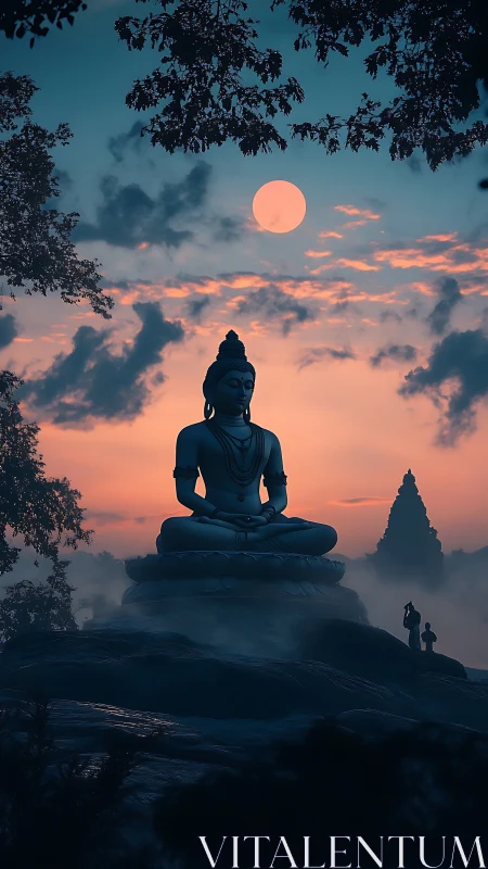 Large meditative statue framed by trees at misty moonrise