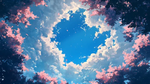 Blossom-framed sky opens into radiant, cloud-ringed calm.